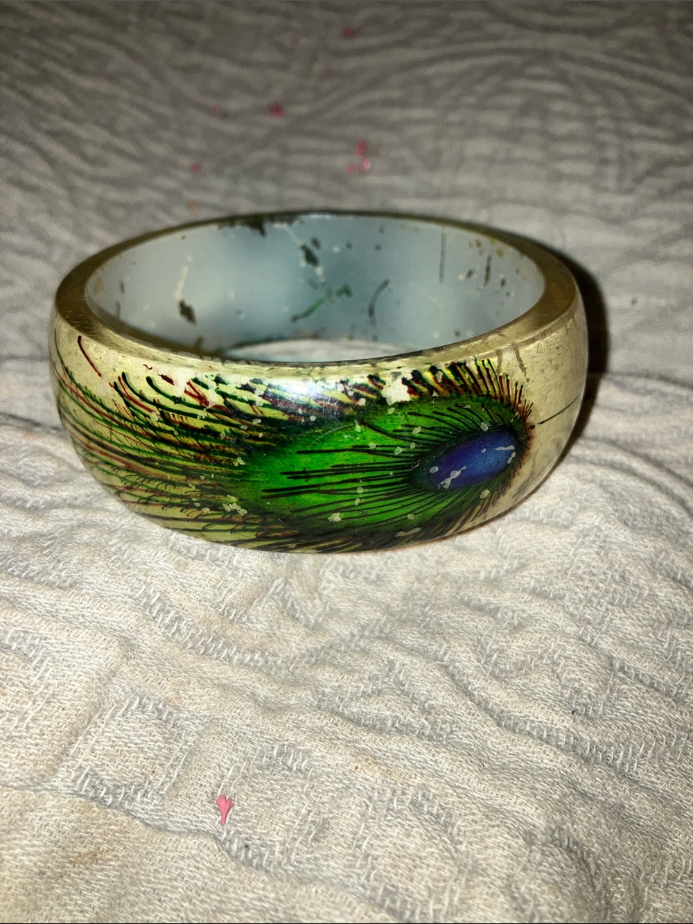 Vintage Lucite Hand Painted Green Peacock Feather Bangle Bracelet